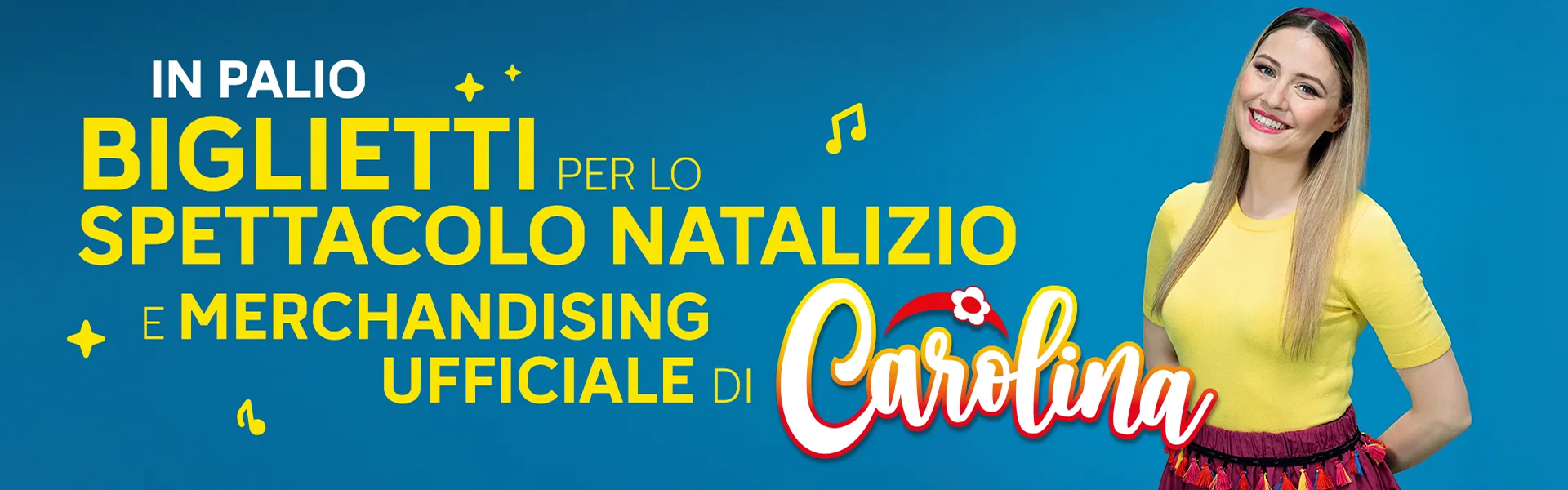 immagine Carolina con slogan concorso e la scritta: in palio biglietti per lo spettacolo natalizio e merchandising ufficiale di Carolina